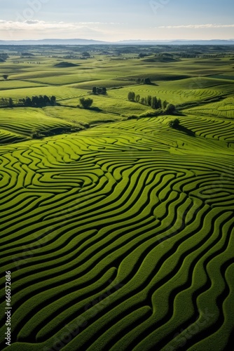 Aerial view of intricate crop circles and patterns on lush farmland 
