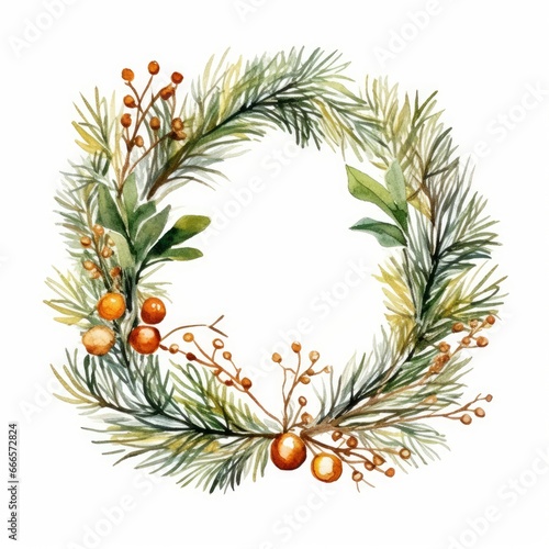 Watercolor of a Christmas tree branch with a garland of festive holiday wreaths on white. AI generated