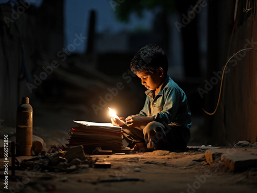 A determined child uses streetlights to study at night because of a missing power supply. photo
