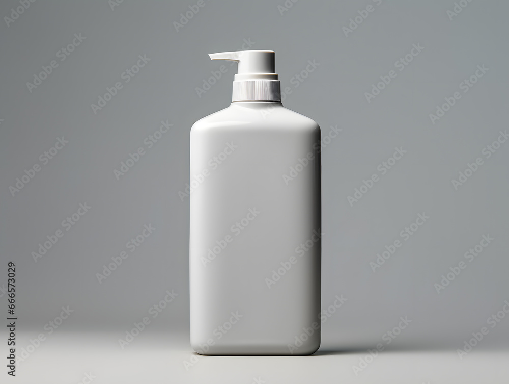 White empty cosmetic liquid dispenser bottle of soap, lotion, shampoo or shower gel mock up isolated in modern bathroom interior White empty cosmetic liquid dispenser bottle of soap, lotion, shampoo or shower gel mock up isolated in modern bathroom interior