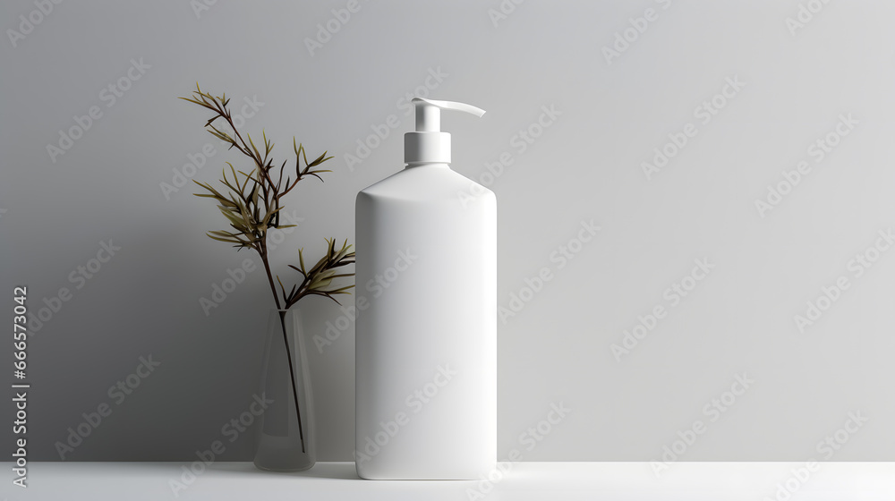 White empty cosmetic liquid dispenser bottle of soap, lotion, shampoo or shower gel mock up isolated in modern bathroom interior White empty cosmetic liquid dispenser bottle of soap, lotion, shampoo or shower gel mock up isolated in modern bathroom interior
