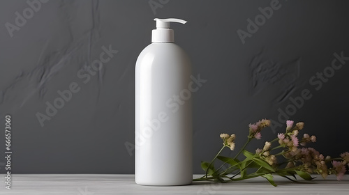 White empty cosmetic liquid dispenser bottle of soap, lotion, shampoo or shower gel mock up isolated in modern bathroom interior © Oksana