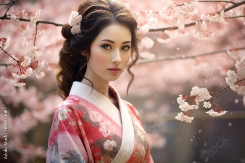 Traditional kimono-clad woman amidst cherry blossoms.