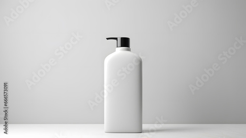 White empty cosmetic liquid dispenser bottle of soap, lotion, shampoo or shower gel mock up isolated in modern bathroom interior photo