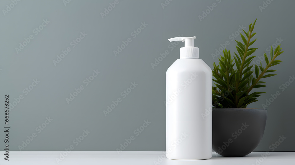 White empty cosmetic liquid dispenser bottle of soap, lotion, shampoo or shower gel mock up isolated in modern bathroom interior White empty cosmetic liquid dispenser bottle of soap, lotion, shampoo or shower gel mock up isolated in modern bathroom interior