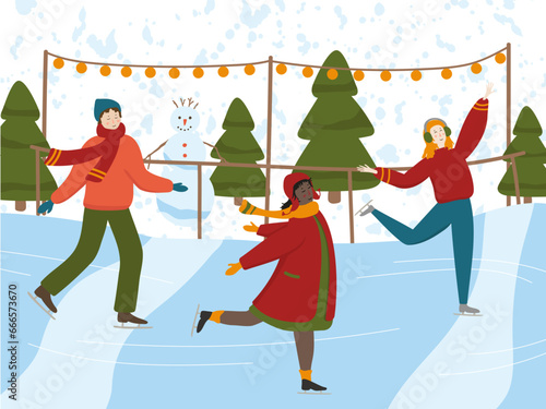 People skating on ice rink vector illustration. Happy man and women figure skating outdoor. Winter leisure time activity background, banner. Diversity concept, flat cartoon style