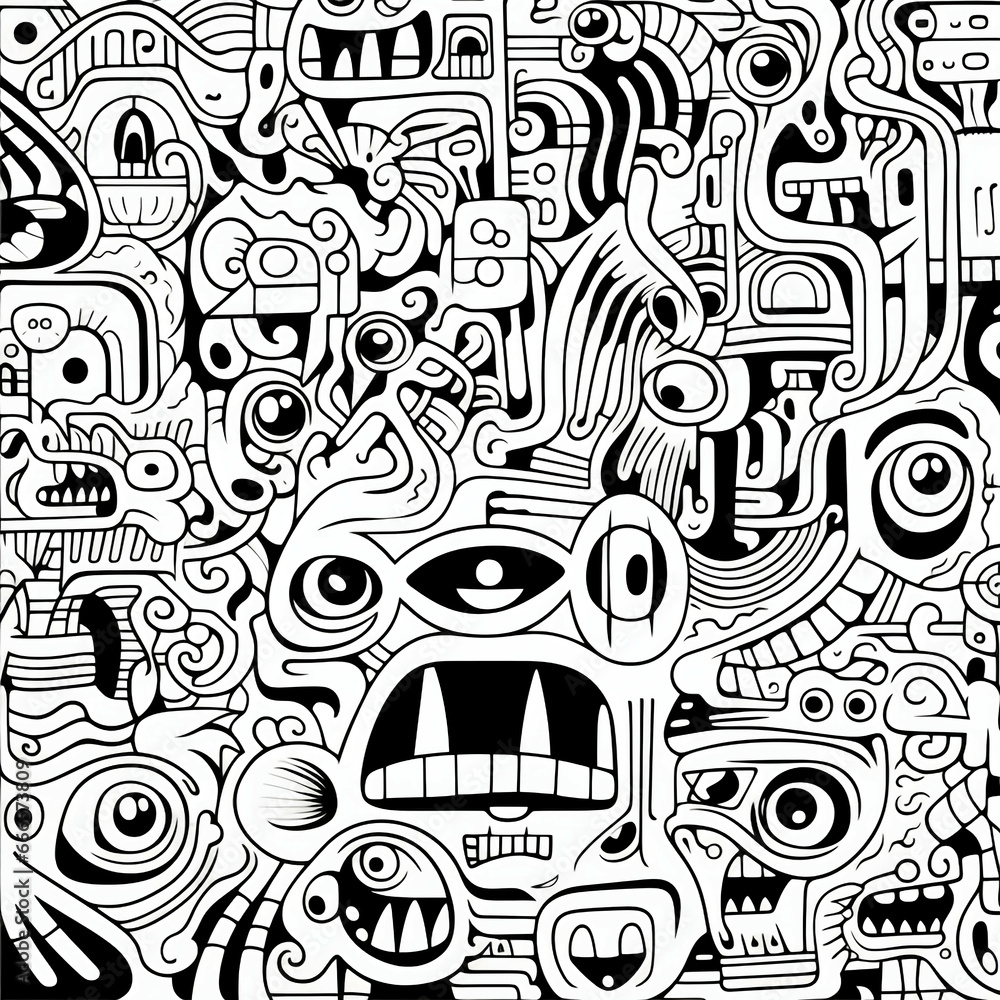 Black and white monsters doodle art