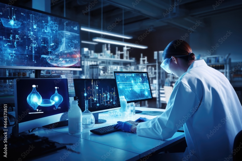 Female biochemist using microscope while working on scientific research in laboratory. Female biochemist using microscope while working on scientific research in laboratory.