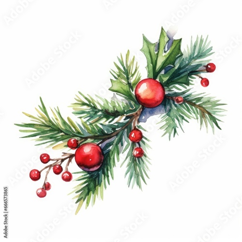 Watercolor of a Christmas tree branch with a garland of vibrant holiday ornaments on white. AI generated