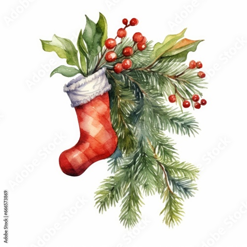 Watercolor of a Christmas tree branch with a garland of cozy knitted socks on white. AI generated
