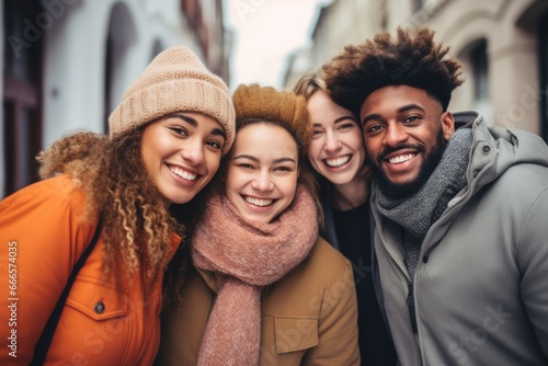 Multiracial group of friends having fun together outdoors on city street- in winter - Young cheerful people walking outside- Next gen z lifestyle concept-Smiling students