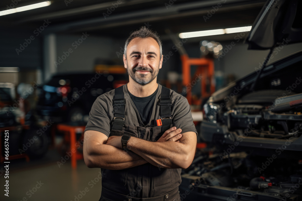 Car mechanic at car service checking up the car Car mechanic at car service checking up the car