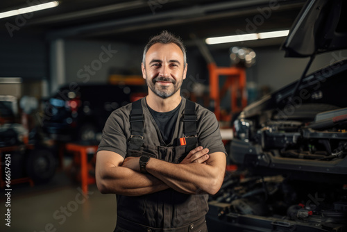 Car mechanic at car service checking up the car