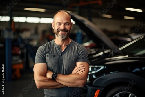 Auto service mechanic man in uniform is standing on the background of car with open hood, smiling and looking at camera. Car repair and maintenance © The other house