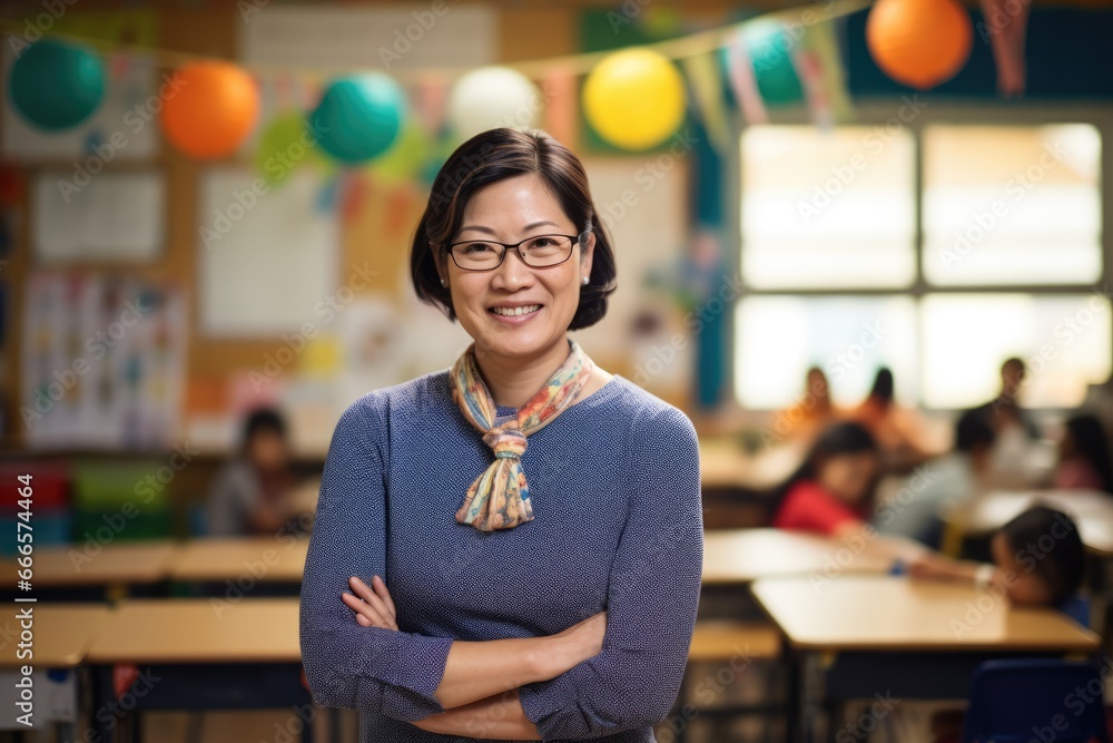 Fototapeta premium Photo portrait of a adult asian school teacher standing in the classroom. Students sitting and learning behind in the class.