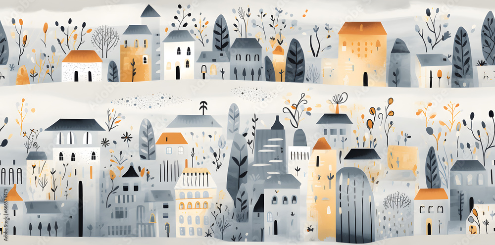 Watercolor city seamless hand drawn pattern