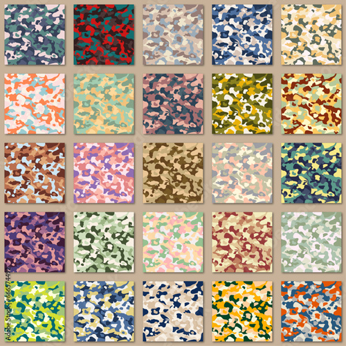 set of army camouflage seamless patterns with 25 color themes. uses for fabric, background, wallpaper, clothing print, decorative purposes, fabrication, textile design such as flannel, etc, and others