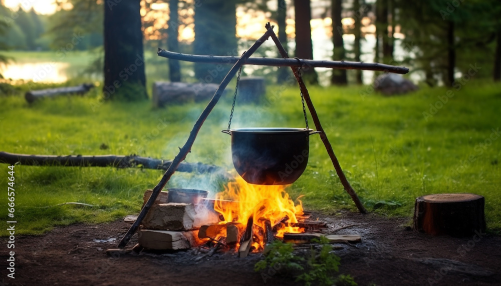 A lawn in the forest a fire on the right a pot of fo A lawn in the forest a fire on the right a pot of fo