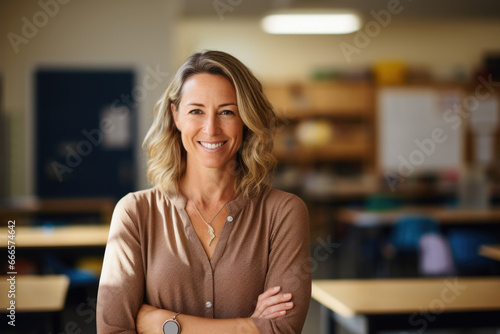 Portrait of smiling teacher in a class at elementary school looking at camera. Back to school! photo