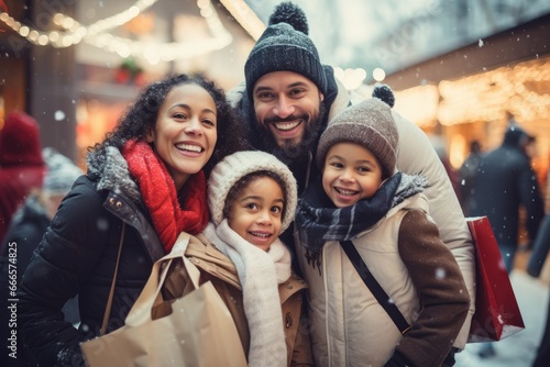Photo of cheerful family mommy daddy daughters happy positive smile look each other winter trip outdoors