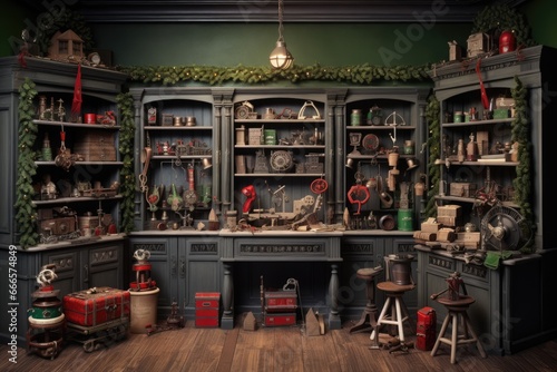 Inside Santa's North Pole workshop, merry elves craft gifts for the grand Christmas night, spreading joy worldwide