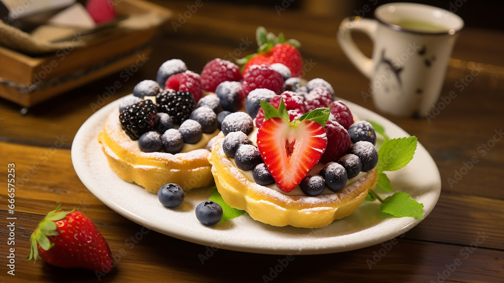 Delicious sweet tartlets with cream and strawberries, raspberries, blueberries, on a plate on the table in a restaurant Delicious sweet tartlets with cream and strawberries, raspberries, blueberries, on a plate on the table in a restaurant
