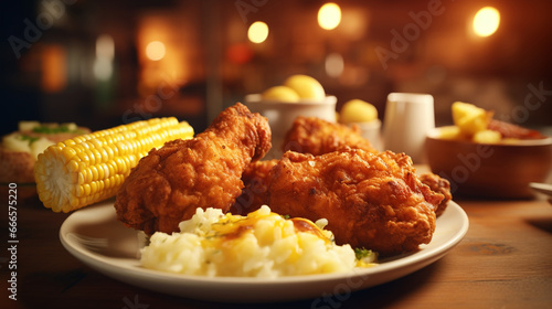 fried chicken mashed potatoes and corn