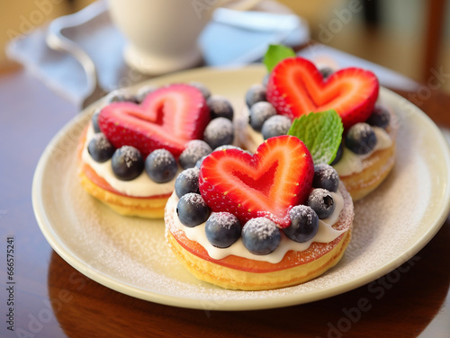 Delicious sweet tartlets with cream and strawberries, raspberries, blueberries, on a plate on the table in a restaurant