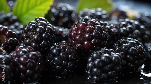 Close up of shiny, freshly picked blackberries.