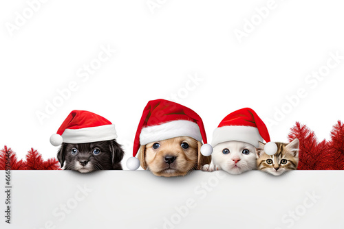 A row of puppies and kittens wearing Santa Claus hats peek out behind a white poster on a white background. Free space for product placement or advertising text. © OleksandrZastrozhnov