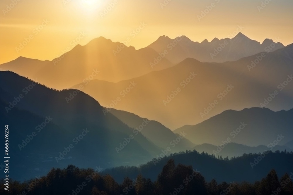 Scenic view of early morning light illuminating the majestic mountains. Generative AI