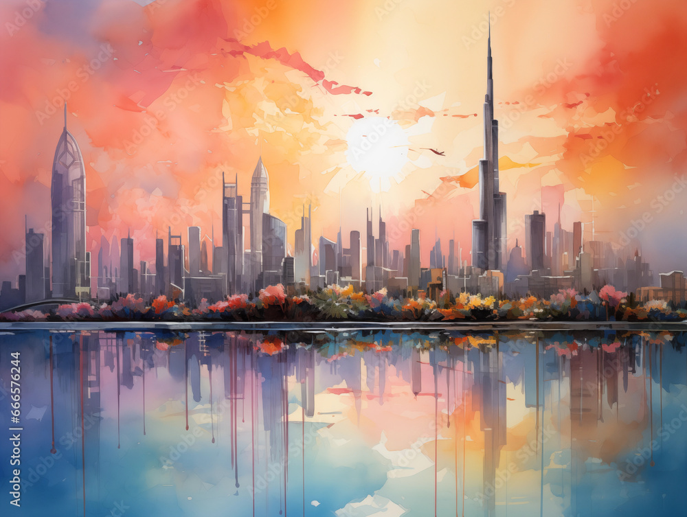 Dubai Amirates UAE Watercolor Art Print | UAE United Arab Emirates Poster | Cityscape Wall Art | Art Decor