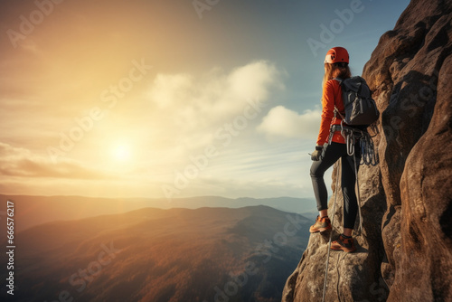 Woman climbing mountain with rope, outdoor nature activity and fitness exercise, Cliff rock climb, mountaineering adventure and action danger risk, Safety gear, peaceful earth and freedom motivation