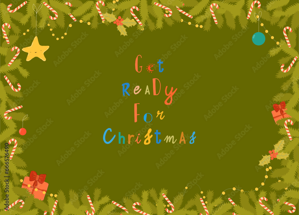 Cartoon Christmas Frame with Christmas Tree Branches and Decoration