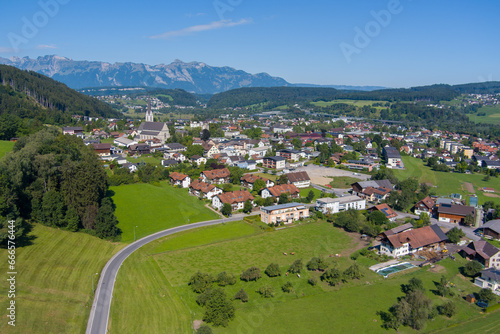 Village of Frastanz, State of Vorarlberg, Austria with Swiss Mountains in the background, Hoher Kasten