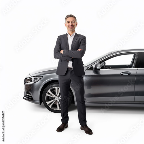 Car salesman, smiling man full length isolated on transparent white background