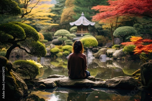 Woman enjoying serene moments in a Japanese garden.