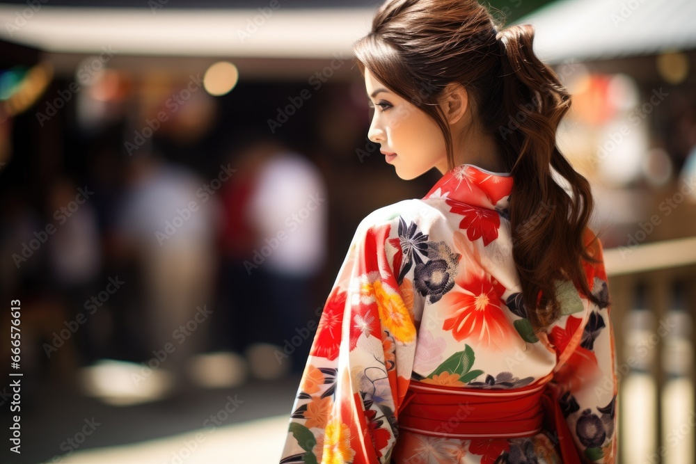 Woman wearing Yukata, attending a summer Matsuri festival.