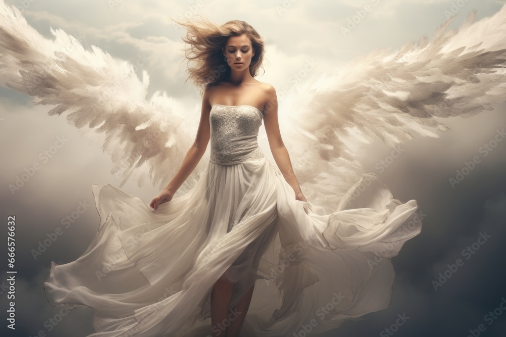 Woman with ethereal wings standing on a cloud.