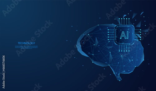 abstract polygonal brain with connected artificial intelligence chips. Low poly wireframe style technology background.