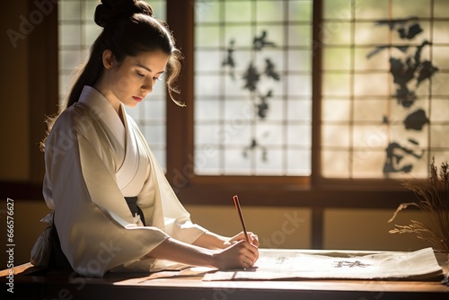 Woman with Japanese calligraphy set, practicing Shodo art. photo