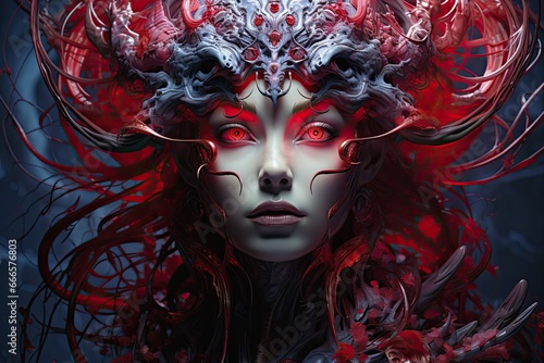 a terrible woman demon with red hear and red eyes 