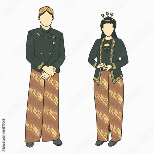 Central Java Indonesia Wedding Couple couple wearing Indonesian Javanese traditional clothes. 