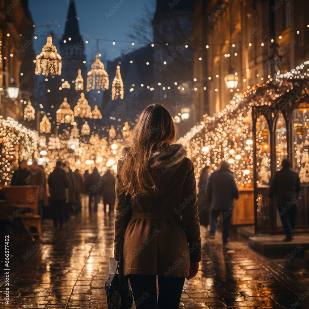 A girl walks through the Christmas market, decorated with festive lights in the evening. Winter holidays