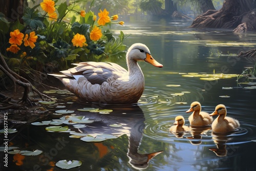 Family of ducks glides across a serene pond, their reflection visible in the water