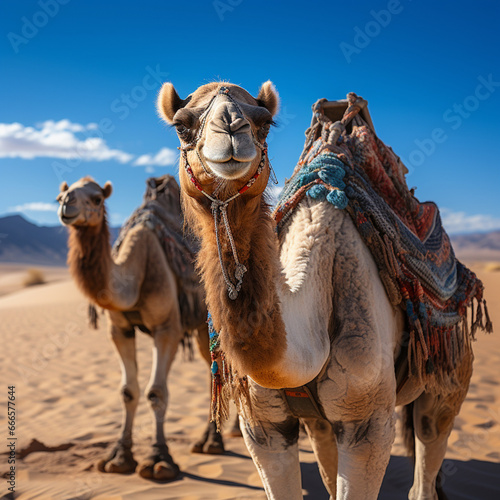 Camels in traditional brightly colored cape against a sand dune desert backdrop