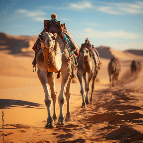Camels in traditional brightly colored cape against a sand dune desert backdrop