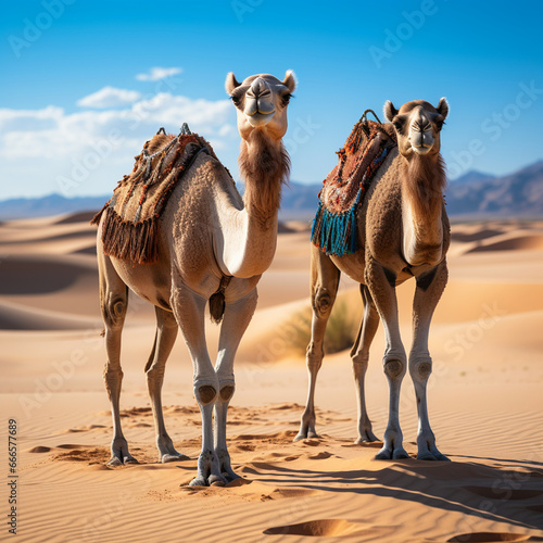 Camels in traditional brightly colored cape against a sand dune desert backdrop