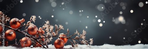 Christmas background with snowflakes, Christmas tree branch and Christmas tree toys