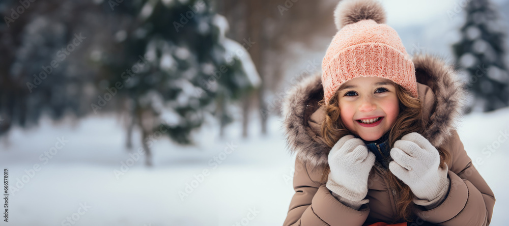 girl in a snowy landscape with a winter hat and gloves.